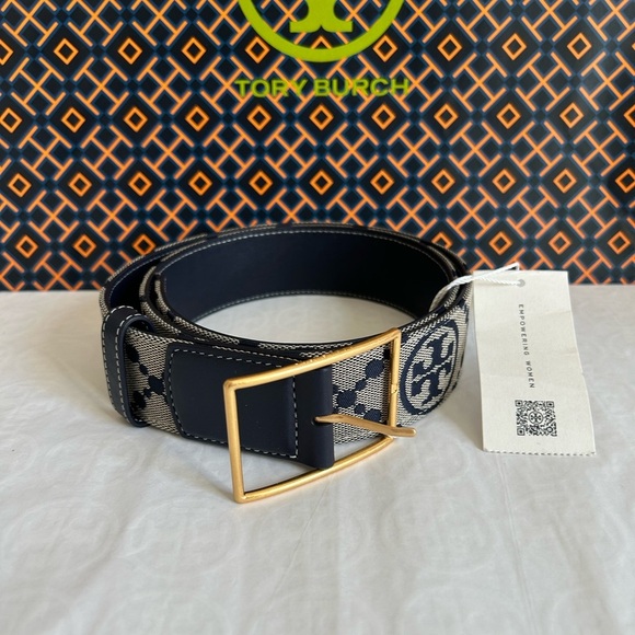 Tory Burch 1.5" T Monogram Belt jacquard Tory Navy Gold Size M Medium - Picture 1 of 9
